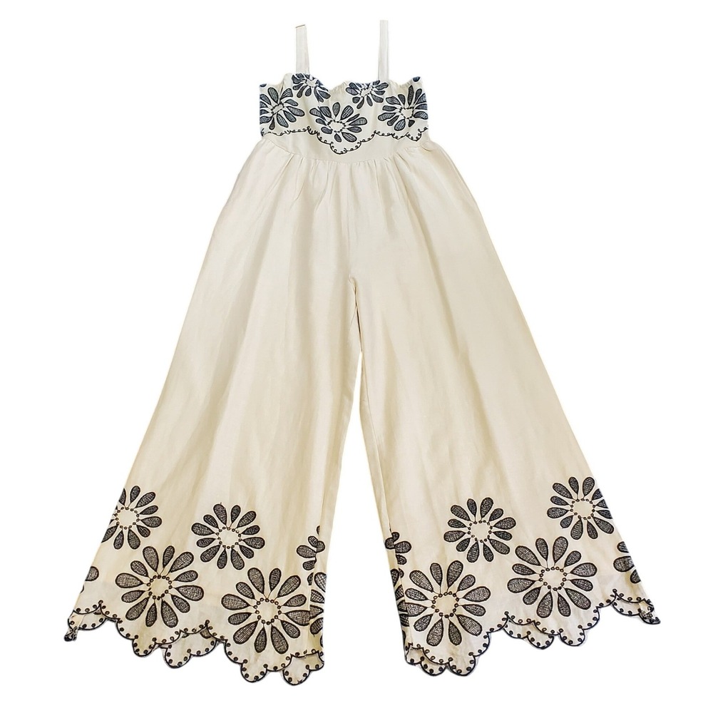 NAOO Boho Festival Jumpsuit Floral Embroidery Wide Leg Scalloped Cream Size M